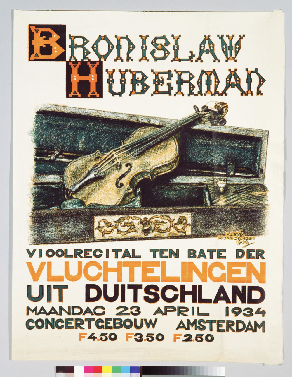 Affiche voor een vioolrecital van Bronislaw Hubermann in het Concertgebouw ten bate van de vluchtelingen uit Duitsland